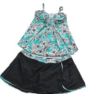 Mazu Swim 2 Piece Swimsuit Turquoise & Black Floral Tropical Women Size 16 Beach